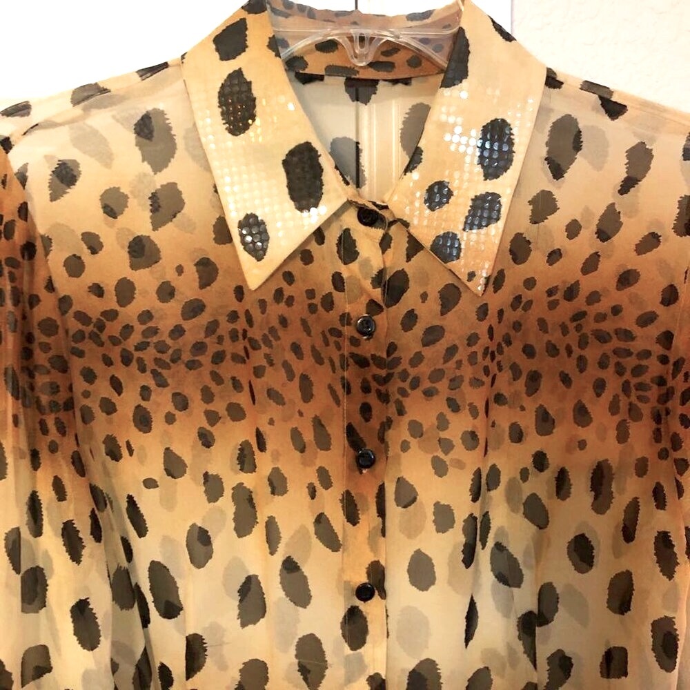 Rare Vintage ROBERTO CAVALLI Sheer Leopard Silk Chiffon Blouse Sequined Trim L - Picture 6 of 8